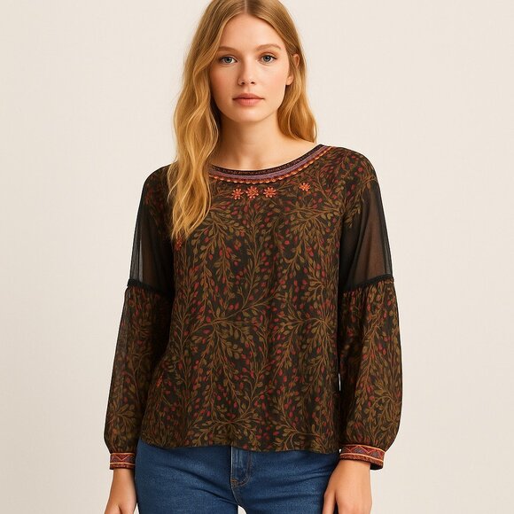 ZARA Basic Boho Floral Embroidered Sheer Blouse Black Olive Red XL – Boho Luxe - Picture 1 of 12